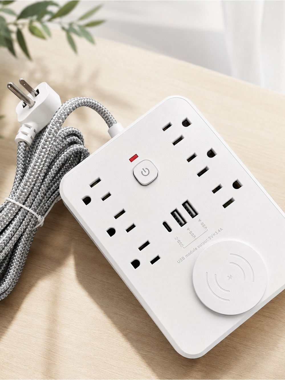 White Multi-Outlet Power Strip with USB and Wireless Charger